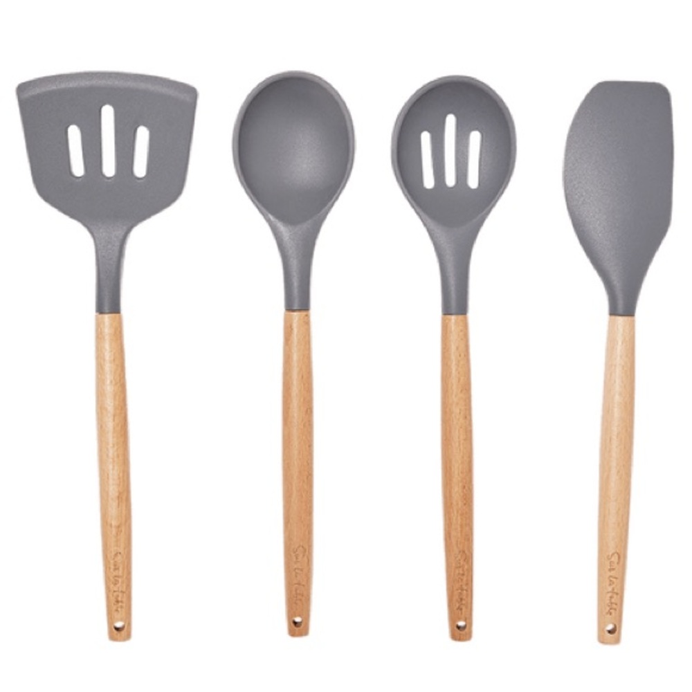 New Sur La Table Grey Silicone and Beechwood Utensil Set Spatula Turner Spoon